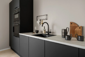 Elegant black colored aluminium kitchen cabinet